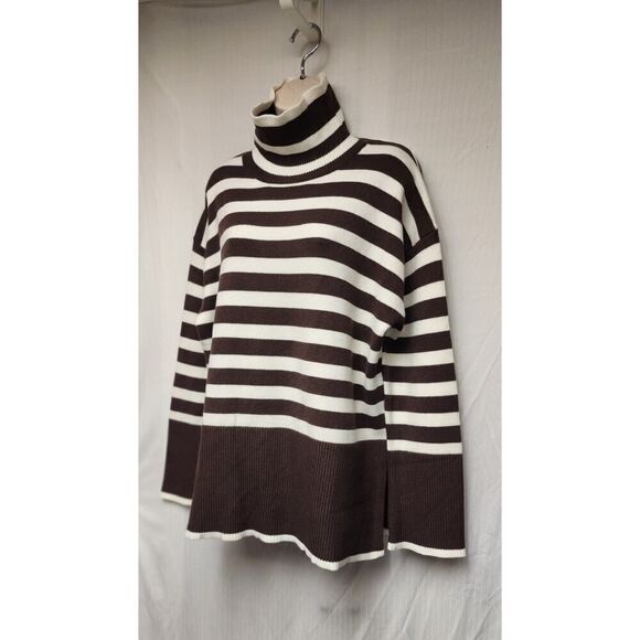 Women's Fashion Turtleneck Neck Striped Long Sleeve Brown/White Sweater Size XL - Picture 3 of 7